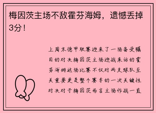 梅因茨主场不敌霍芬海姆，遗憾丢掉3分！