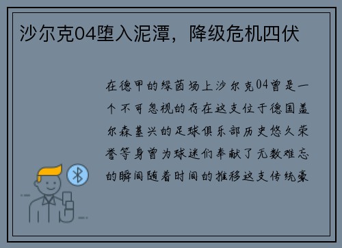 沙尔克04堕入泥潭，降级危机四伏